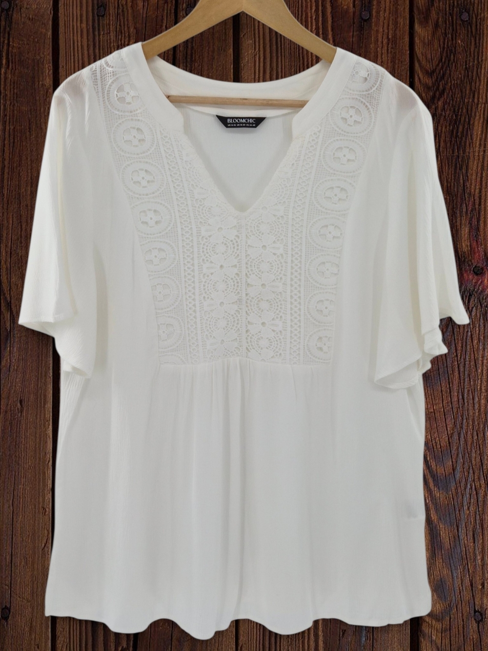 BloomChic White Lace Babydoll Blouse Rayon 14-16 Flowy Cottagecore Peasant Top